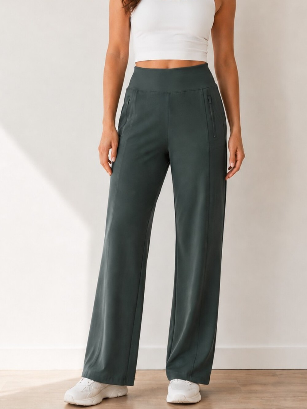 Marika Travel & Commute Wide Leg Pants XL Green High Rise Stretch Zip Pocket NWT